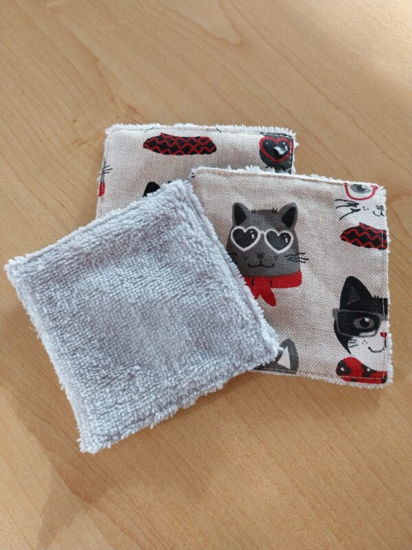 Lot de 3 lingettes lavables et réutilisables (chats)